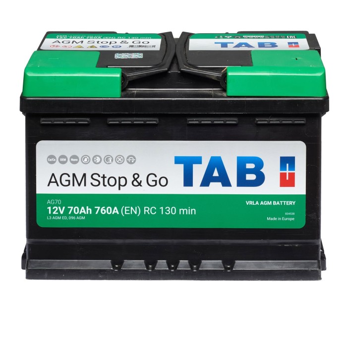 Авто акумулятор TAB AGM 70Ah 760A R+ (правий +)