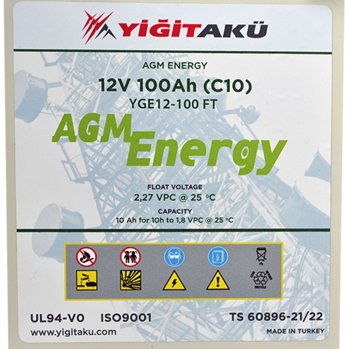 Промисловий акумулятор Yigit Aku AGM 100Ah 12V R+ (правий +)
