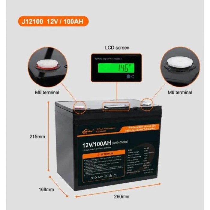 Акумулятор JSDS LiFePO4 12V/100AH (1280W*h), 12100LED, (260х170х215) мм, з Bluetooth