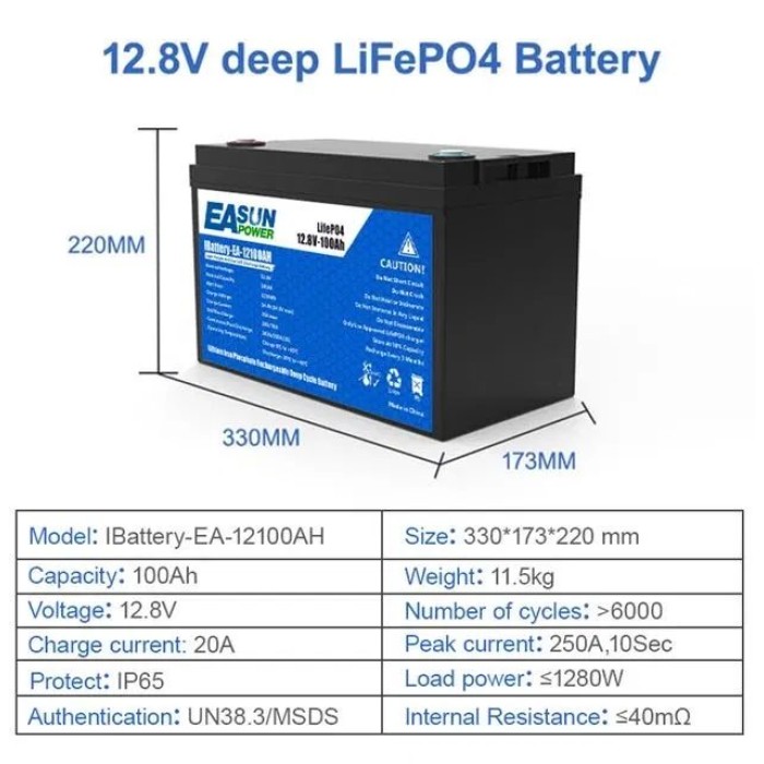 Акумулятор EASUN Power LiFePO4 12V/100AH (1280W*h), для будинку, котла, сонячних батарей