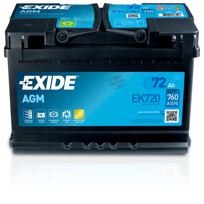 Автомобільний акумулятор EXIDE Start-Stop AGM 72Аh 760A R+ (правий +) EK720