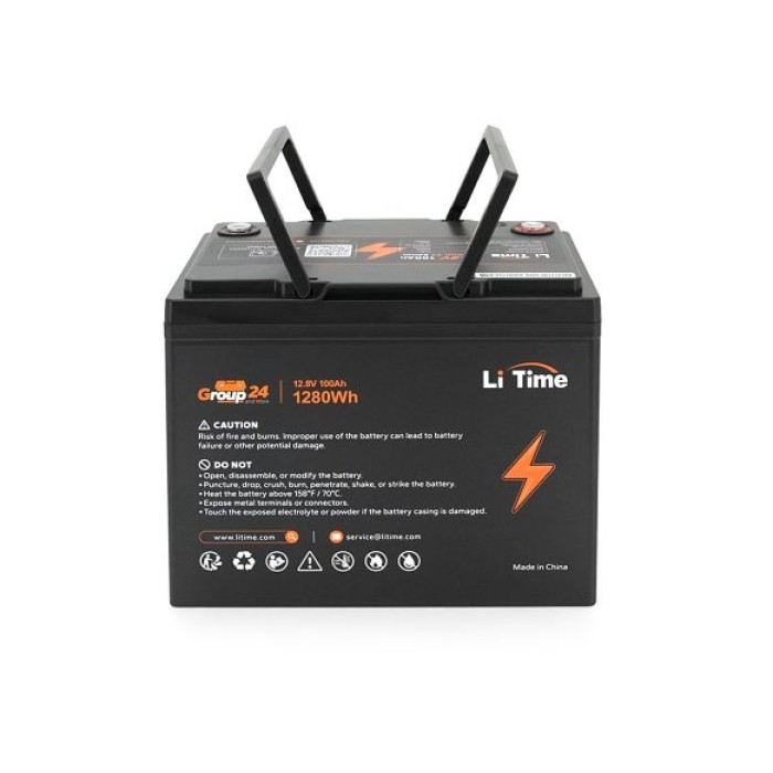 Акумулятор LiTime LiFePO4 12V/100AH Group 24 (1280W*h), (260х170х200мм, для будинку, котла, сонячних батарей)