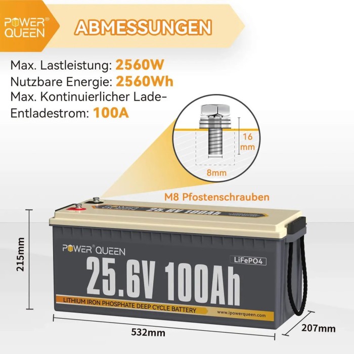 Акумулятор Power Queen LiFePO4 12V/100AH RV190 (1280W*h), (Smart BMS, Bluetooth, Low Temp)