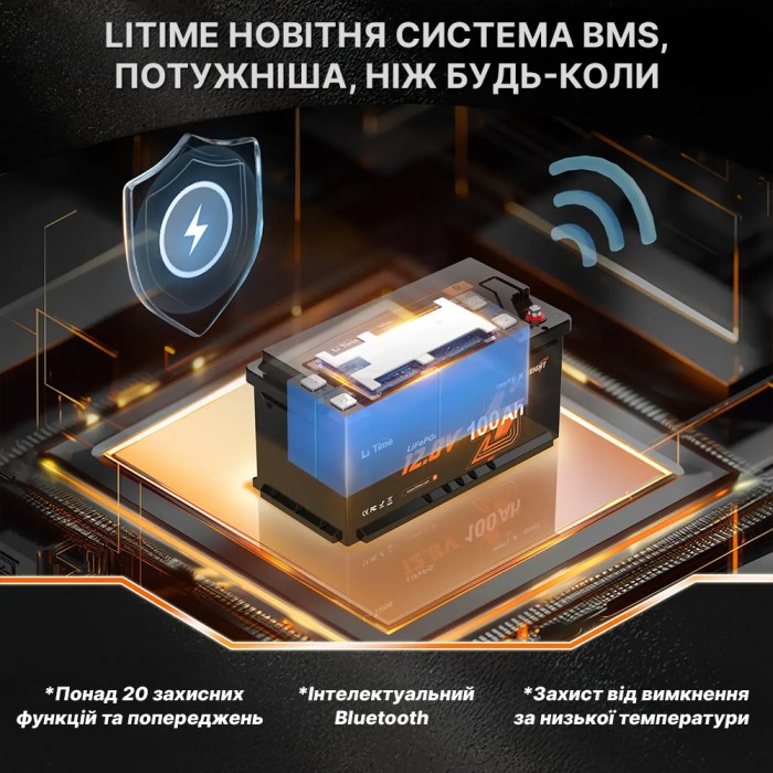 Акумулятор LiTime LiFePO4 12V/100AH H190 (1280W*h), (Smart BMS, Bluetooth, Low Temp)
