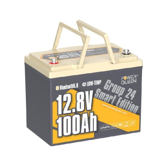 Акумулятор Power Queen LiFePO4 12V/100AH Group 24 (1280W*h), (Smart BMS, Bluetooth, Low Temp, 260х170х200мм)