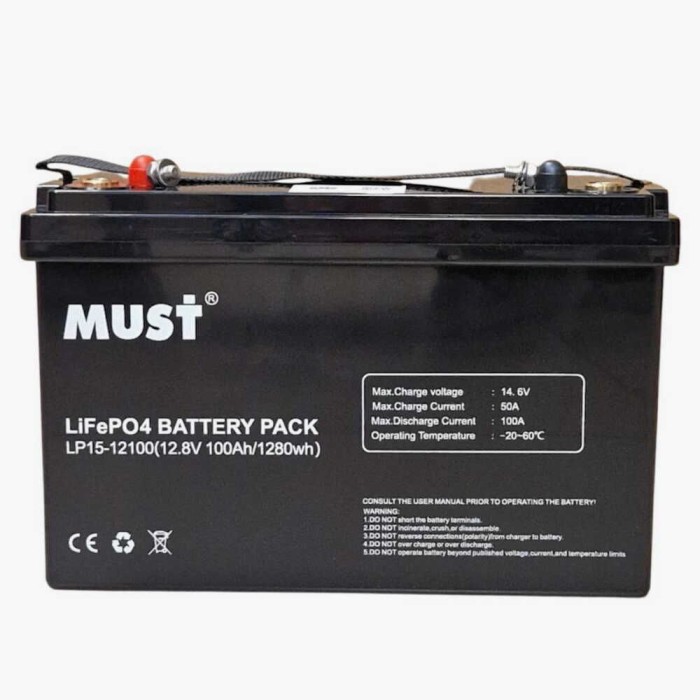 Акумулятор MUST LiFePO4 12V/100AH (1280W*h) Smart BMS, Bluetooth (325х170х215 мм, для будинку, котла, сонячних батарей)