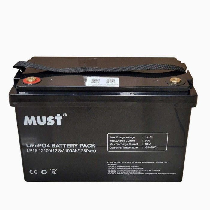 Акумулятор MUST LiFePO4 12V/100AH (1280W*h) Smart BMS, Bluetooth (325х170х215 мм, для будинку, котла, сонячних батарей)