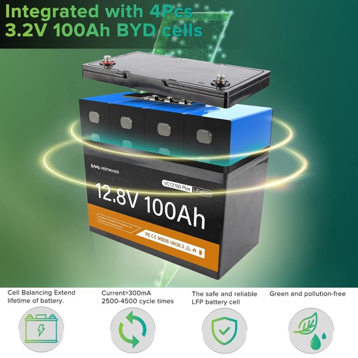 Акумулятор VESTWOODS LiFePO4 12V/100AH, 1280W*h, 100A, Smart BMS, Bluetooth APP (літій-залізо-фосфатний акумулятор для ДБЖ (UPS))