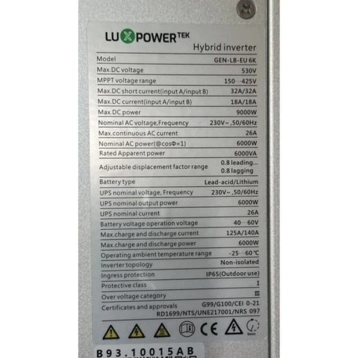 Гібридний інвертор LUXPOWER 6кВт, 1 фаза, Hybrid GEN-LB-EU 6K, 48 В, 6000 Вт, (напівпасивне охолодження, генератор)